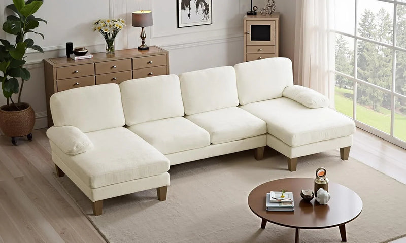 110" Sectional Couches for Living Room,U Shaped Couch with Double Chaise, 4-Seat Sofa Set with Chenille Fabric for Home Furniture,Beige S1