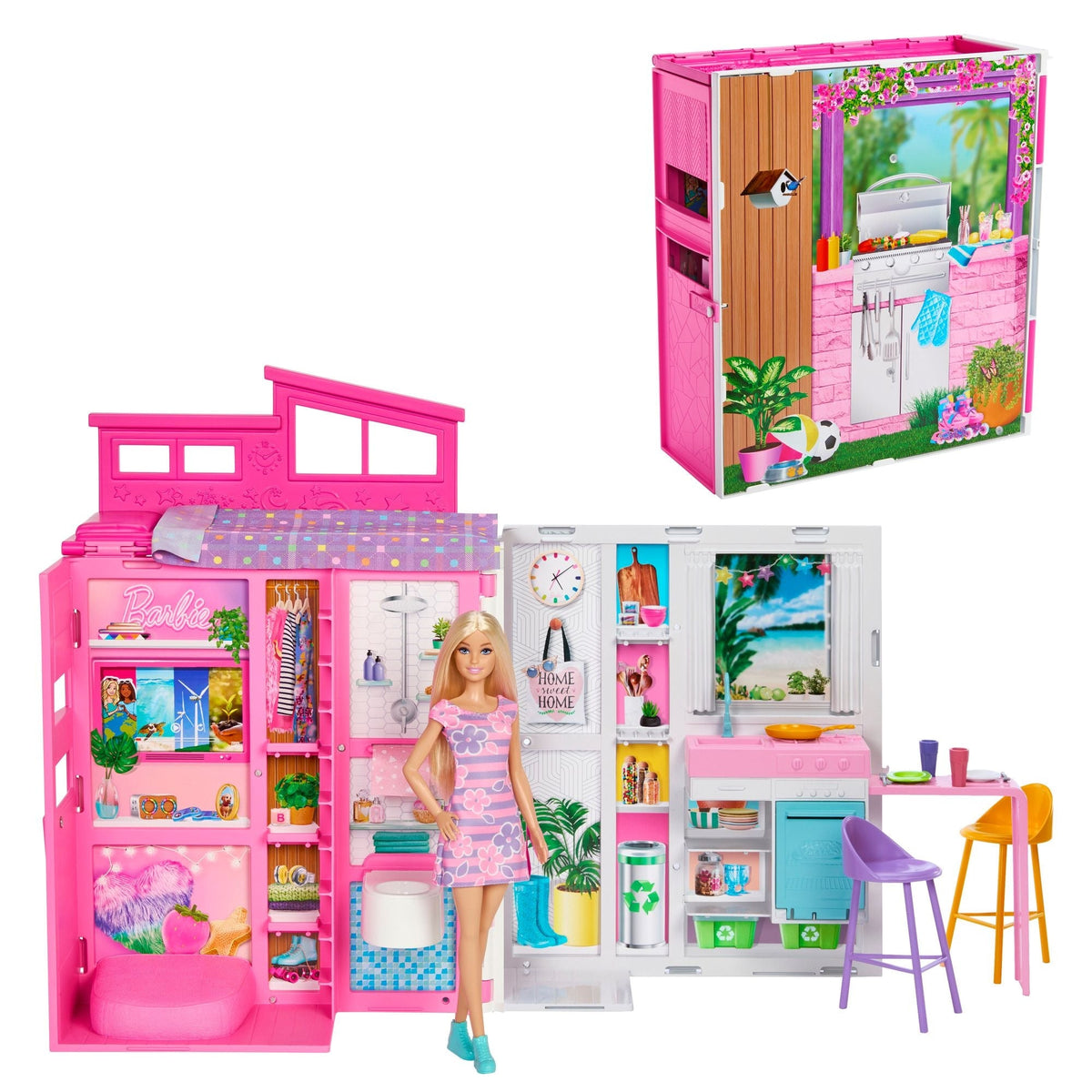Barbie 2024 Getaway House Playset with Doll, Includes 4 Play Areas, Kids Ages 3+