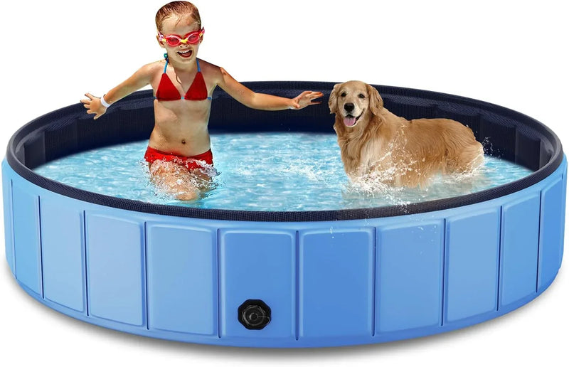Foldable Dog Swimming Pool, 120"x20" Oversize Collapsable Hard Plastic Potable Bathing Tub for Pet Dog Kiddie Pool Indoor and Outdoor Leakproof PVC Play Pool for Large Dogs Pets Puppy Kids Blue D1