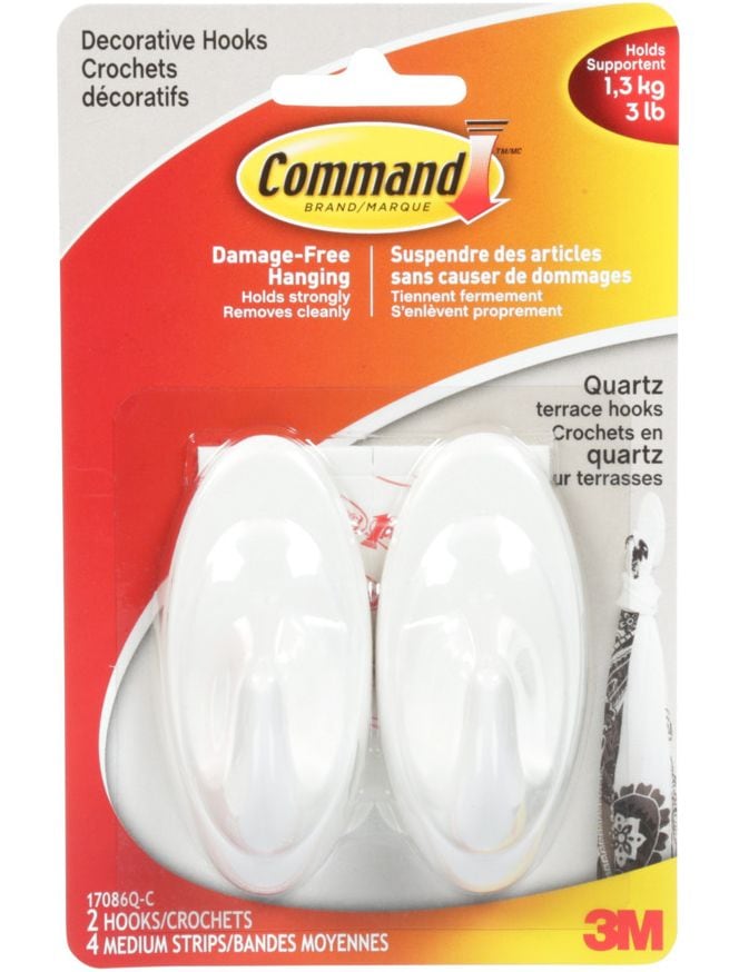 Command Decorative Quartz Terrace Hooks with Adhesive Strips, White, 3-lbs, 2 Strips per Pack S4