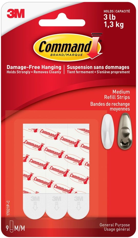Command Medium General Purpose Refill Strips for Adhesive Hooks, White, 3-lbs, 9 Strips per Pack B1