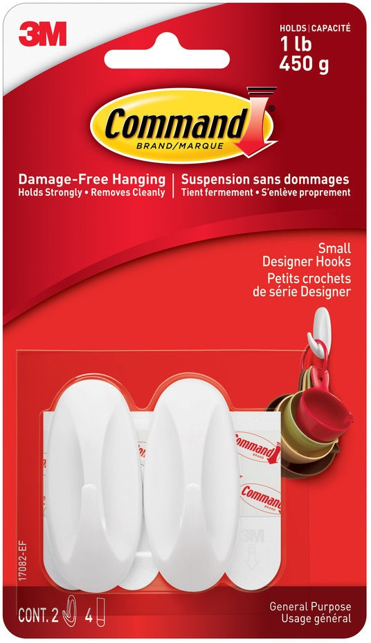 Command Small Designer Hooks with Adhesive Strips, White, 1-lb, 2 Strips per Pack Y8