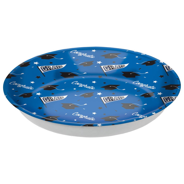 "Congrats Grad" Round Plastic Reusable Serving Bowl, Blue, 14-in, for Graduation P9