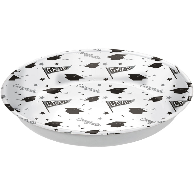 "Congrats Grad" Round Plastic Reusable Serving Bowl, White, 14-in, for Graduation S2