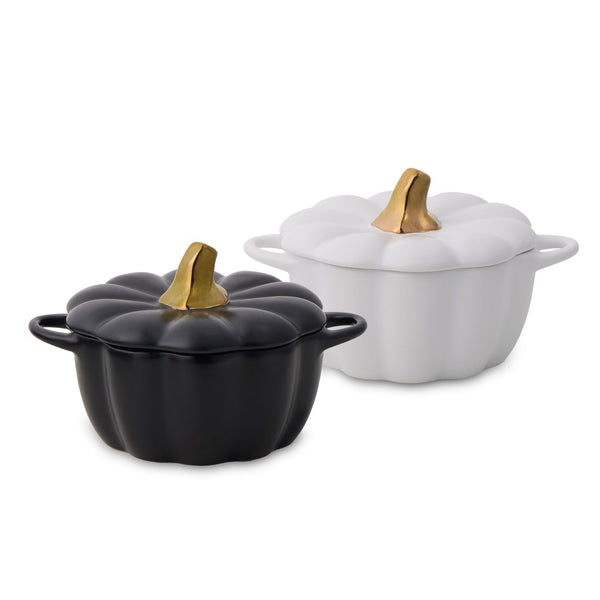 Core Kitchen 320-mL Black/White Ceramic Pumpkin Cocotte, 2-pk D8