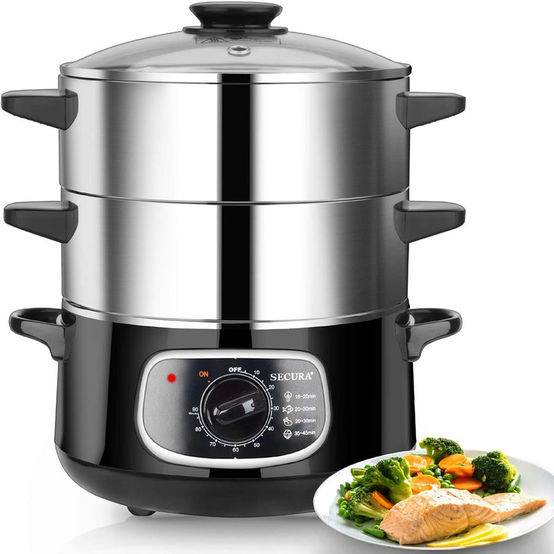2 stainless steel food steamers, 8.5 liters capacity, electric glass-covered vegetable steamer, double-layer stackable steaming basket, with timer included P1