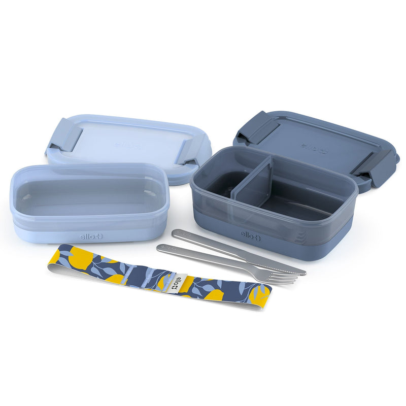 ello Stackable Bento Lunch Food Storage Container with Stainless Steel Flatware, Blue, 2-pk R3