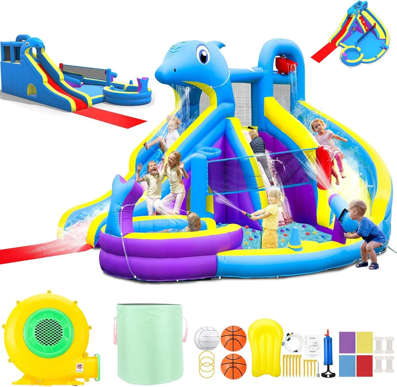 11-in-1 Inflatable Water Slide & Dolphin Bounce House w/2 Long Slides, 19.7 Ft x 13.1 Ft Extra Large Waterslide Climbing Wall w/Small Deeper Pool,Water Cannons,Hoop for Kids Backyard,550W Blower A2