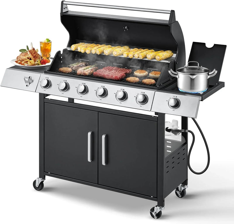 Upgraded 4 Burner BBQ Propane Gas Grill with Cast Iron Grates & Side Stove, 44,000 BTU Stainless Steel Burner Barbecue Grill for Patio, Camping, Outdoor Cooking MELLCOM L2