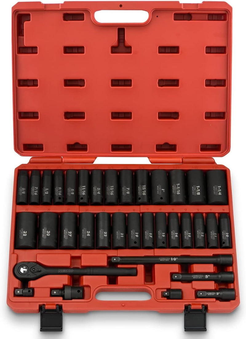 02448A 1/2" Drive Master Impact Socket Set, 65 Piece, Standard SAE (3/8"-1-1/4") & Metric (10-24 mm) Sizes, Deep & Shallow Kit, Includes Adapters & Ratchet Handle T8