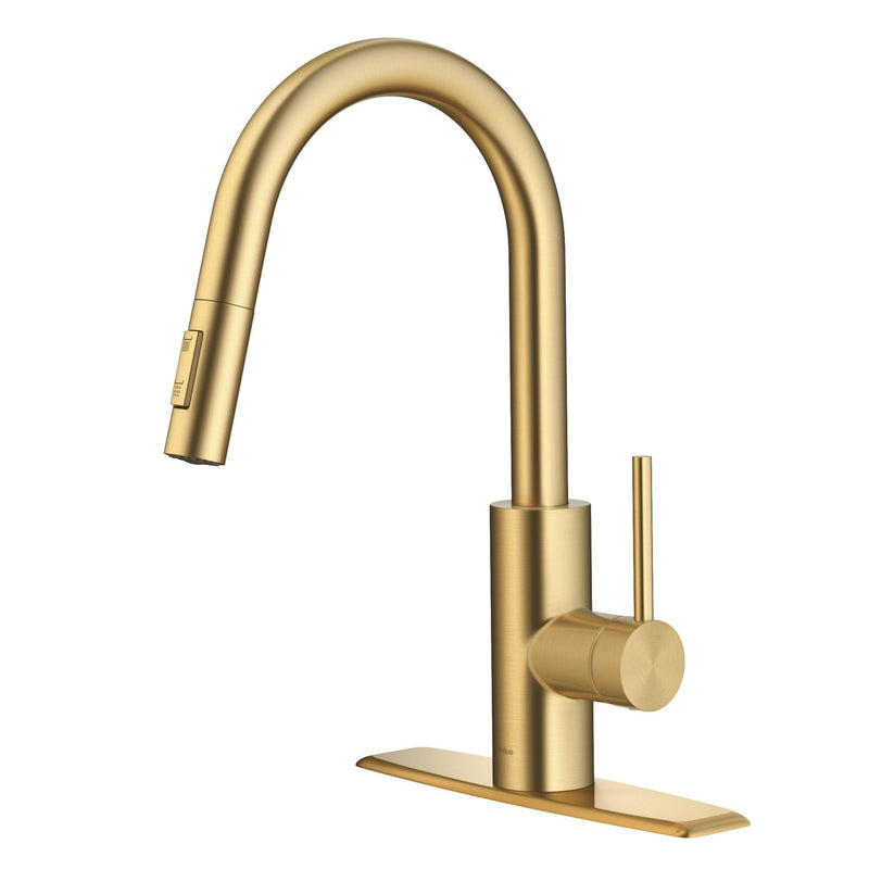 Kraus Oletto Single Handle High Arc Pull Down Kitchen Faucet, Brushed Brass S3