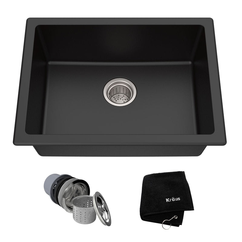 Kraus Quarza Top/Undermount Granite Single Bowl Kitchen Sink, Black Onyx, 24x18x9-in X3