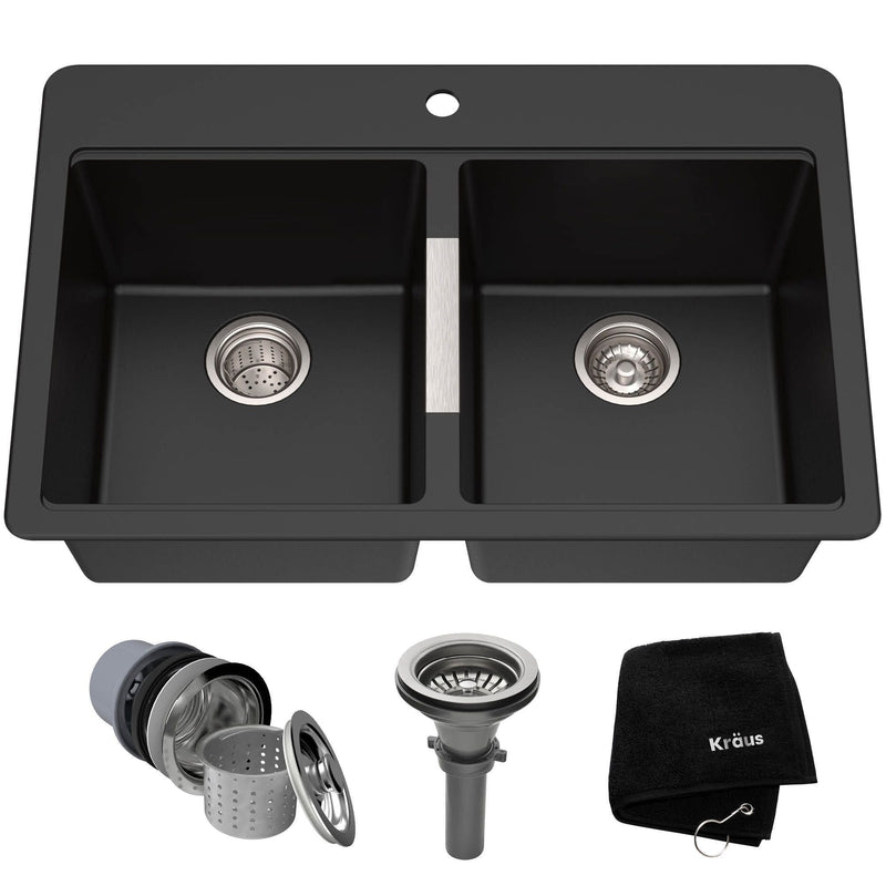 Kraus Quarza Undermount Granite Double Bowl Kitchen Sink, Black Onyx, 33x22x10-in S2