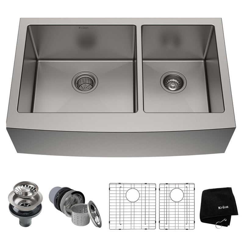 Kraus Standard PRO Apron Front Farmhouse Stainless Steel Double Bowl Kitchen Sink, 33x21x10-in O4