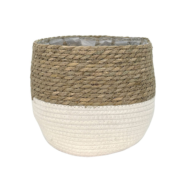 Lynne Weave Cotton Jute Round Basket Planter with Leaf-Proof Plastic Lining, 10-in Q4