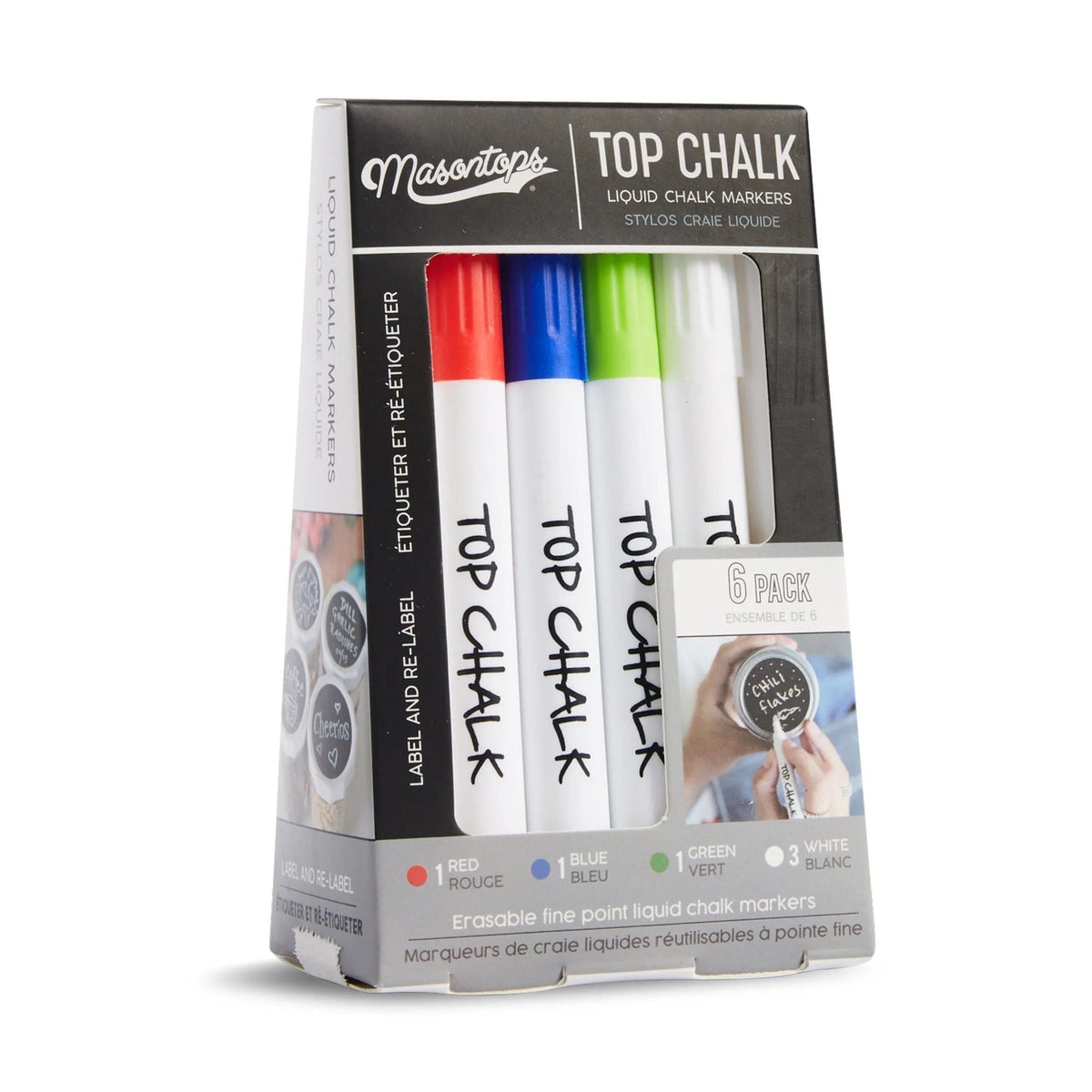 Masontops Top Chalk Erasable Liquid Chalk Markers, Multi-Colour, 6-pk
