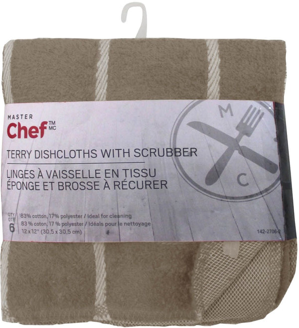 MASTER Chef Terry Cotton Checkered Dishcloths with Scrubber, 12-in x 12-in, 6-pk, Brown O6