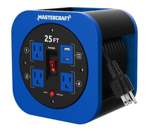 Mastercraft 25-ft 13A 3-Outlet/1 USB-A and 1 USB-C Extension Cord Reel F4
