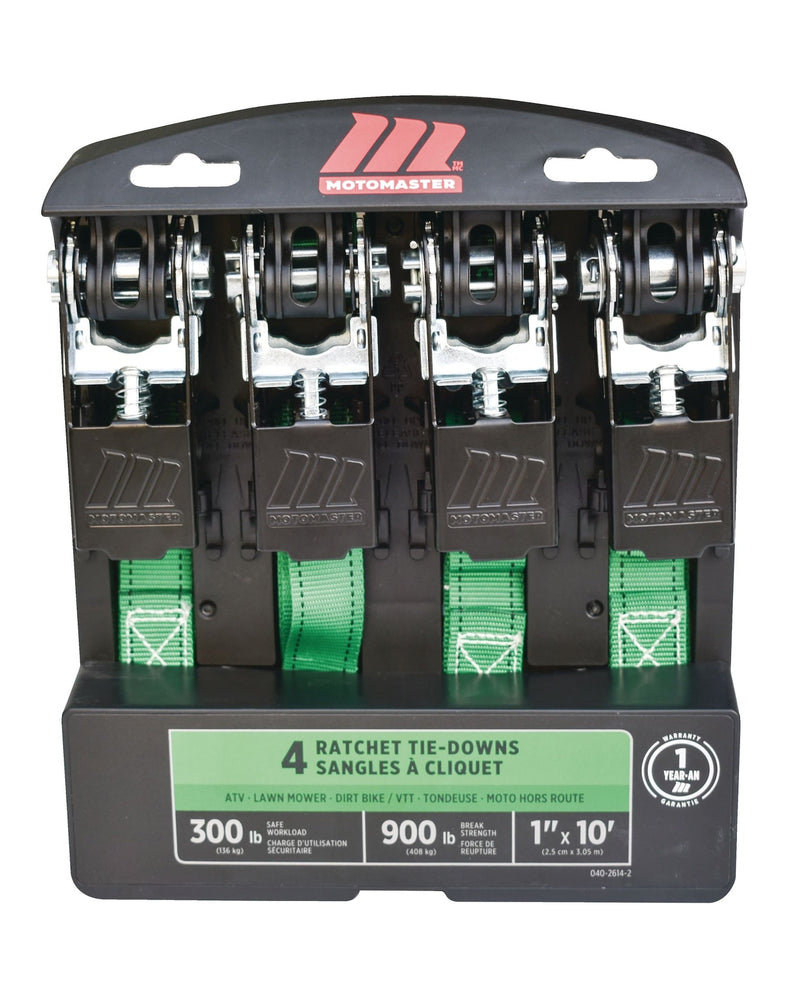 MotoMaster 900-lb Ratchet Tie-Down Straps, Non-Padded, 1-in x 10-ft, 4-pk Q9