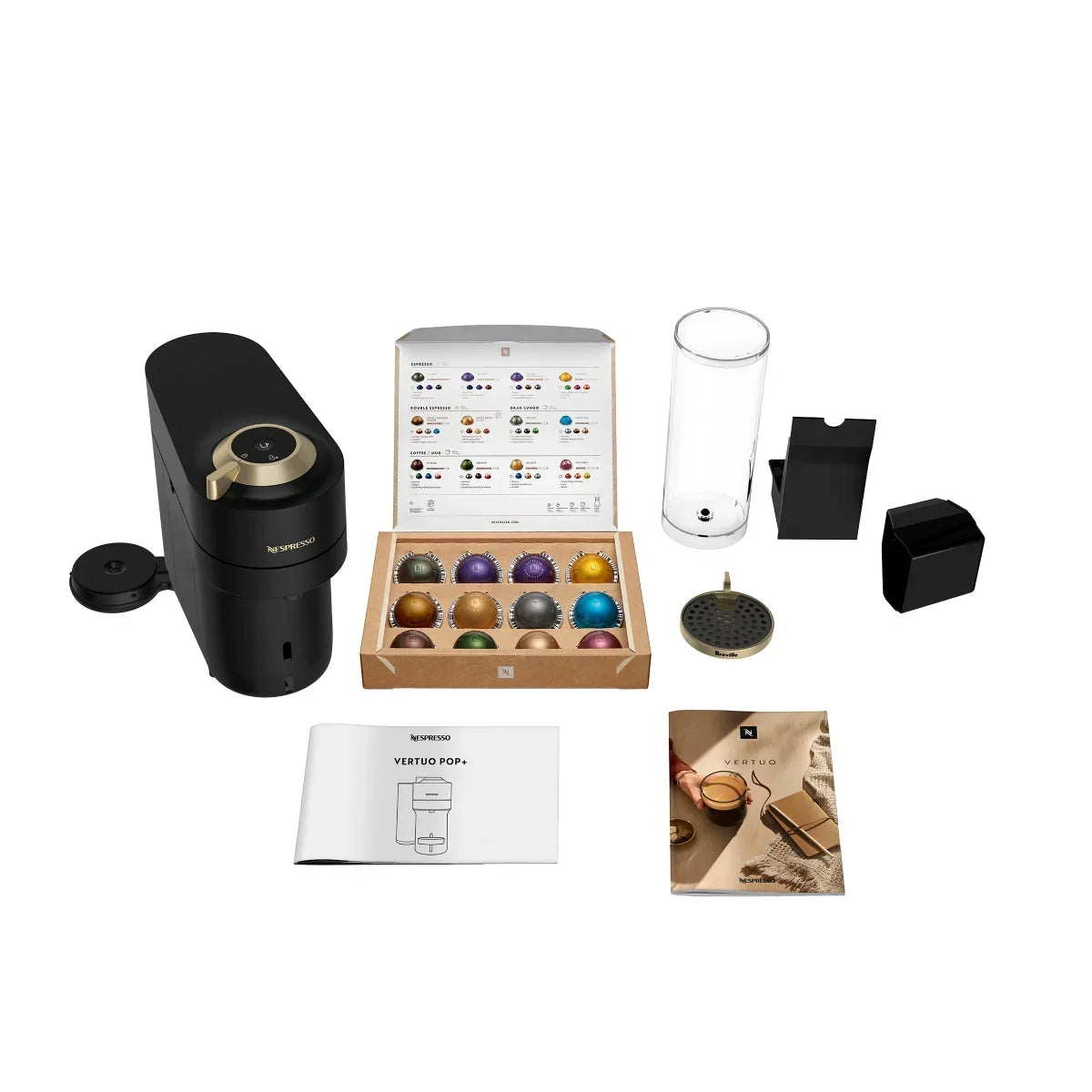 Nespresso Vertuo Pop+ Deluxe Coffee and Espresso Machine by Breville with Aeroccino with $25 Nespresso Coffee Credit, Matte Black and Gold
