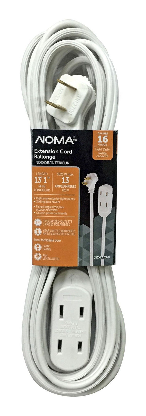 NOMA 15-ft 16/2 Indoor Extension Cord, 3 Outlets, Flat Plug, White T9