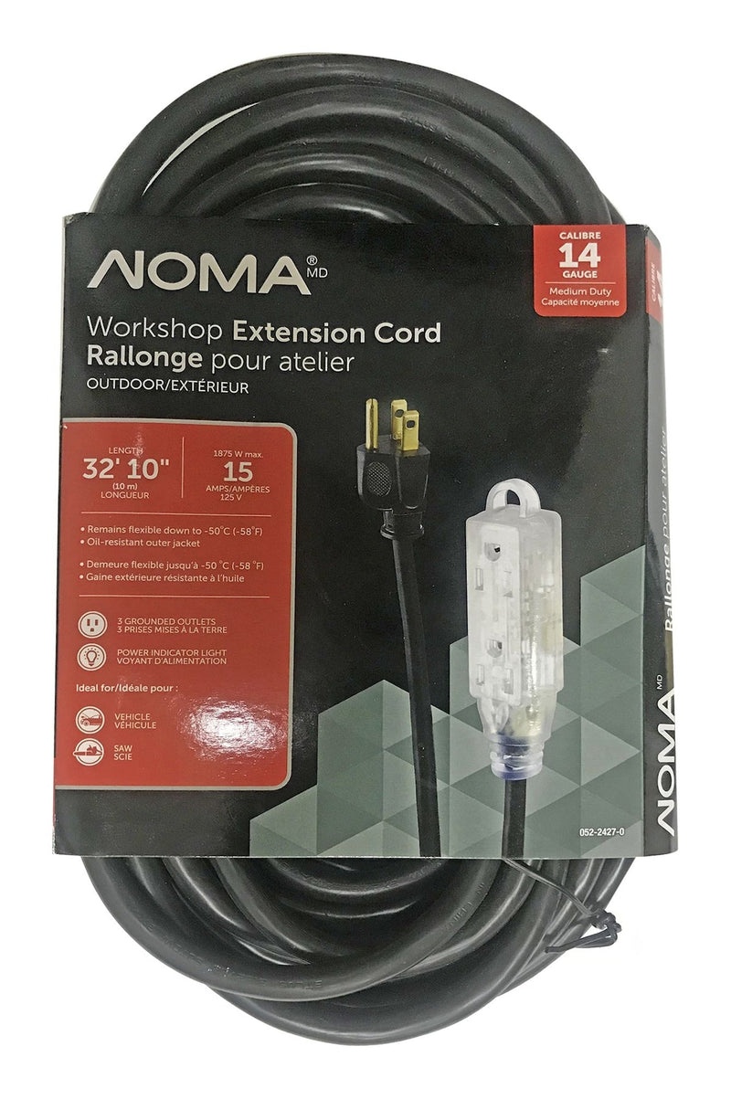 NOMA 32-ft 10-in 14/3 Outdoor Extension Cord with 3 Grounded Outlets and Lighted End, Black E5