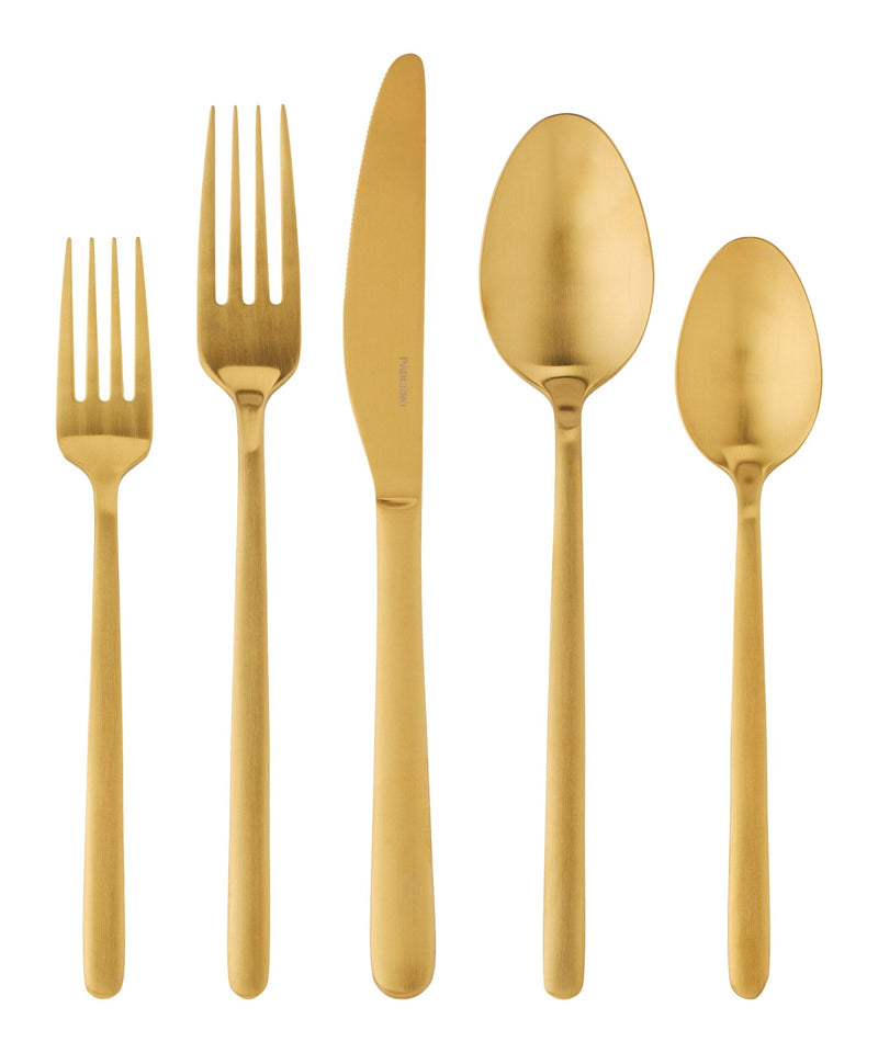 PADERNO Chelsey Satin Gold Finish Slim Round Stainless Steel Flatware Set, Serves 4, 20-pc E2
