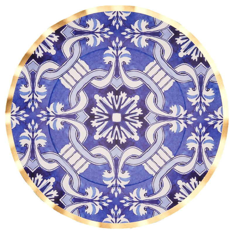 Sophistiplate Moroccan Nights Round Bordered Trimmed Paper Disposable Dinner Plates, Blue/Gold, Tile, 10-in, 8-pk, for Mother's Day/Easter L4
