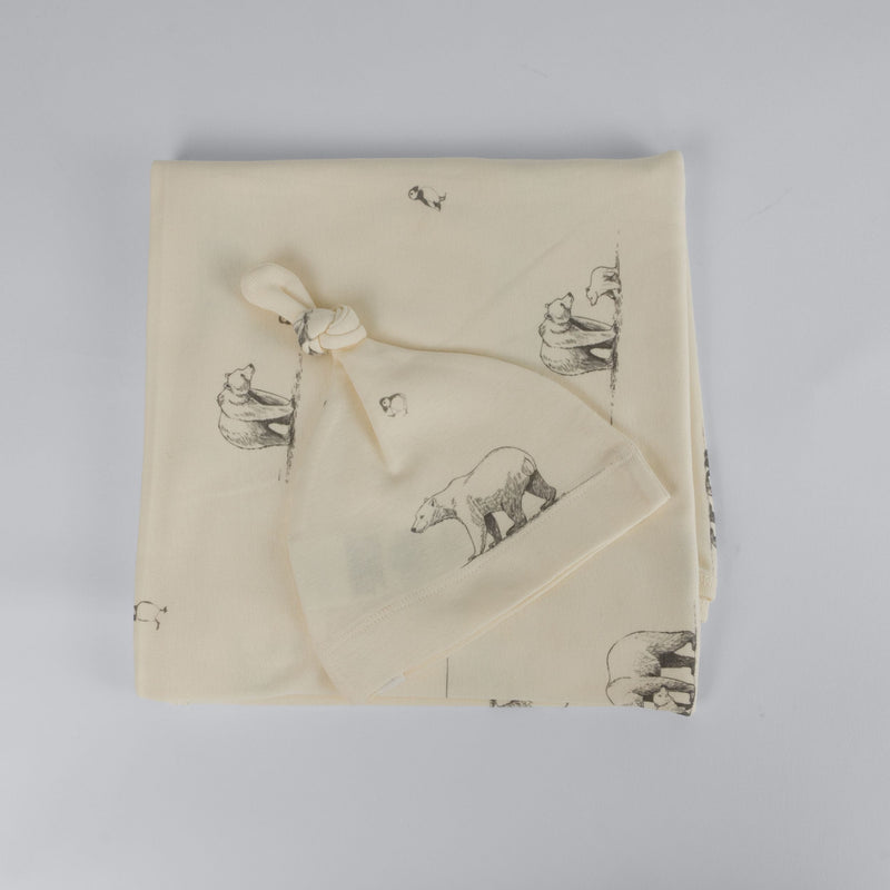 The Elk Baby Polar Bear Print Premium Organic Cotton Blanket and Beanie Set Y9