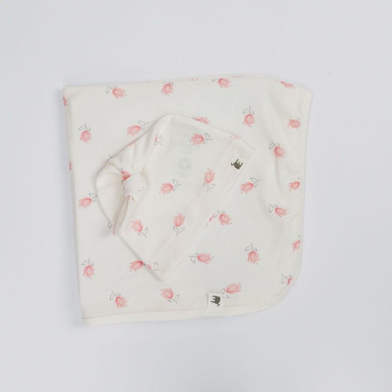 The Elk Baby Tulip Print Premium Organic Cotton Blanket and Beanie Set R1