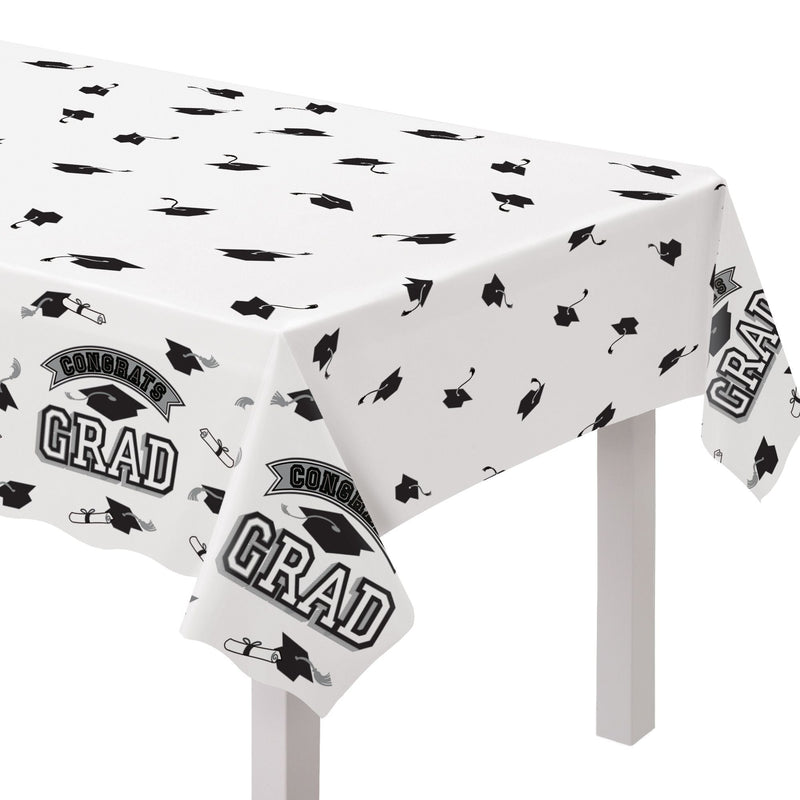 True to Your School "Congrats Grad" Rectangle Plastic Reusable Table Cover, Black/White, 54x84-in, for Graduation F1