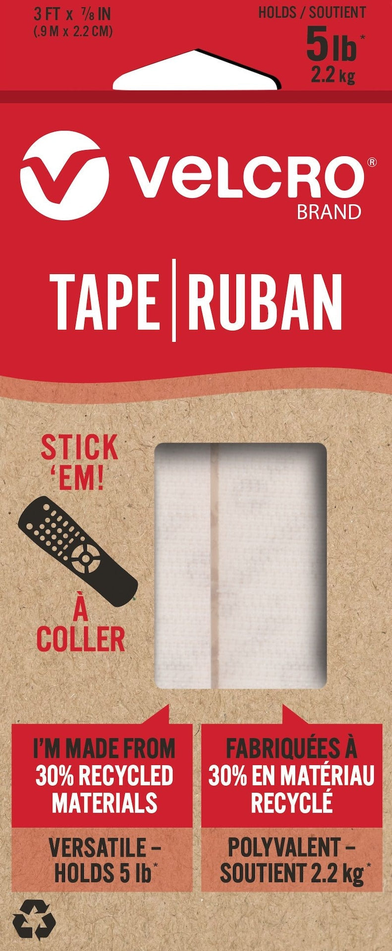 Velcro Durable Reusable Eco Tape, White, 5-lbs, 3-ft x 0.7-in Z5