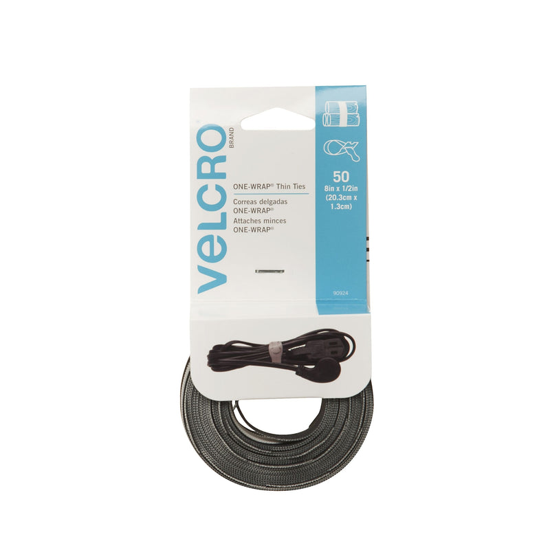 Velcro Reusable Thin Nylon Cable & Wire Ties, Black/Grey, 8 x 1/2-in, 50-pk T5