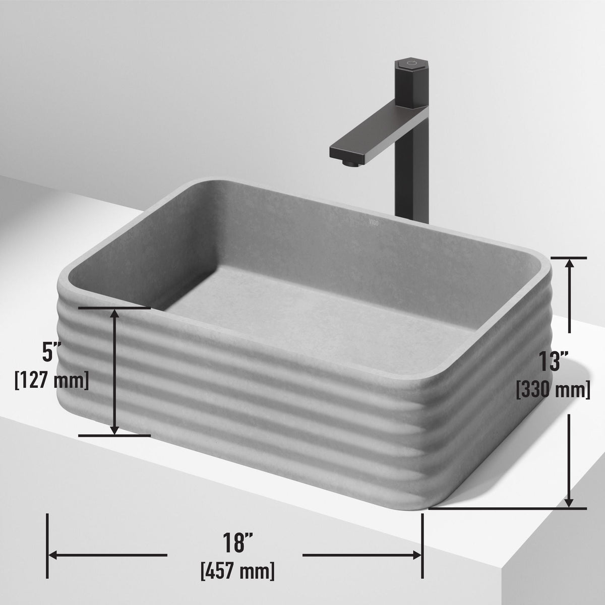 VIGO Cadman ConcretoStone 18-in Deep Grey Bathroom Sink/Basin with Rectangular Fluted Vessel