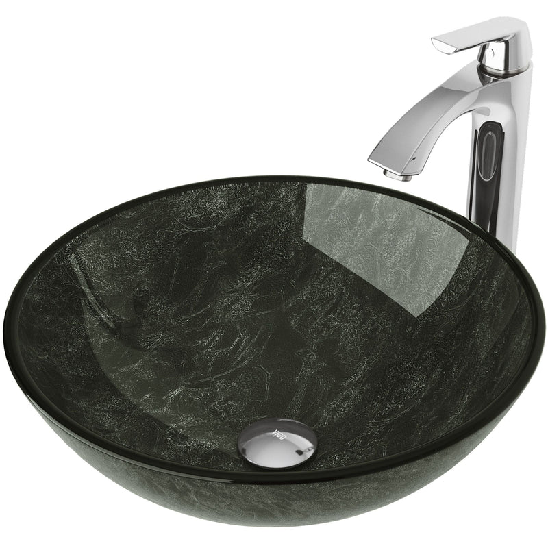 VIGO Glass Grey Onyx Bathroom Sink/Basin Set with Linus Faucet and Round Vessel D1