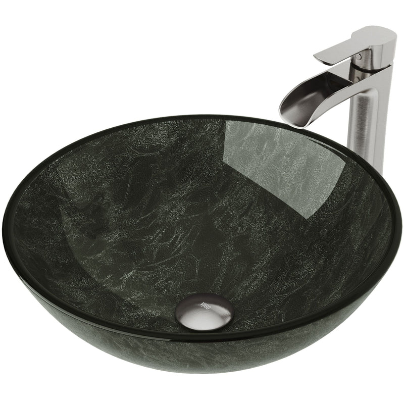 VIGO Glass Grey Onyx Bathroom Sink/Basin Set with Niko Faucet and Round Vessel N9