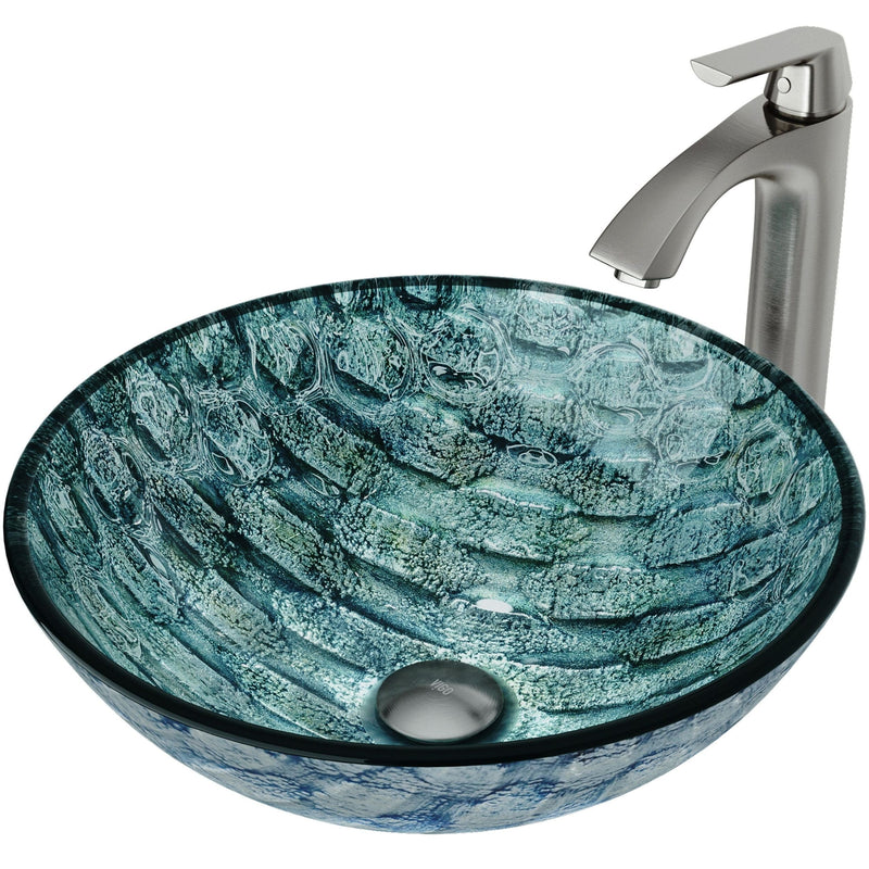 VIGO Glass Oceania Blue Bathroom Sink/Basin Set with Linus Faucet and Round Vessel S3