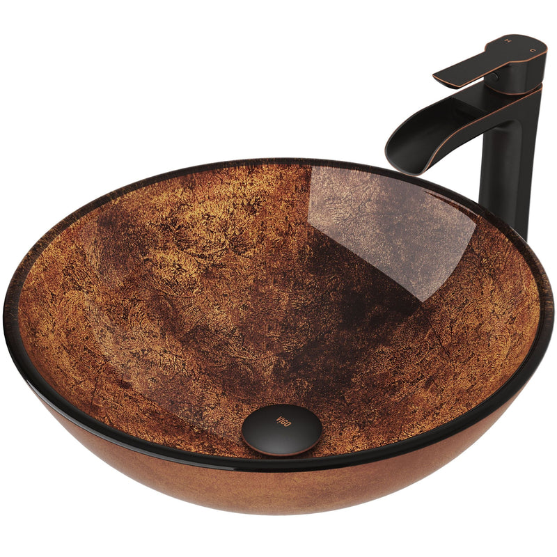 VIGO Glass Russet Brown Bathroom Sink/Basin Set with Niko Faucet and Round Vessel R1