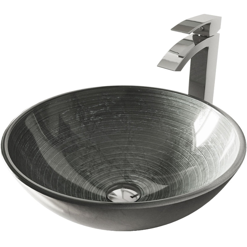 VIGO Glass Simply Silver Bathroom Sink/Basin Set with Chrome Duris Faucet and Round Vessel C6