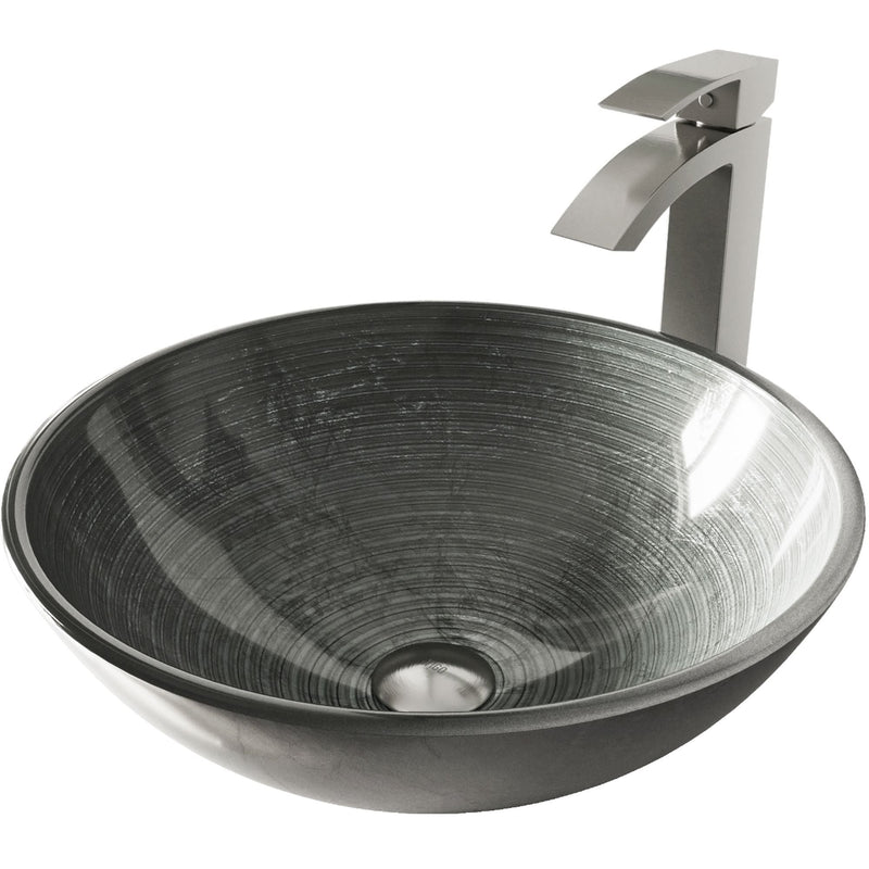 VIGO Glass Simply Silver Bathroom Sink/Basin Set with Duris Faucet and Round Vessel I8