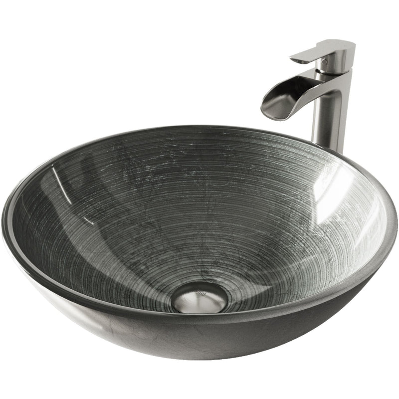 VIGO Glass Simply Silver Bathroom Sink/Basin Set with Niko Faucet and Round Vessel S7