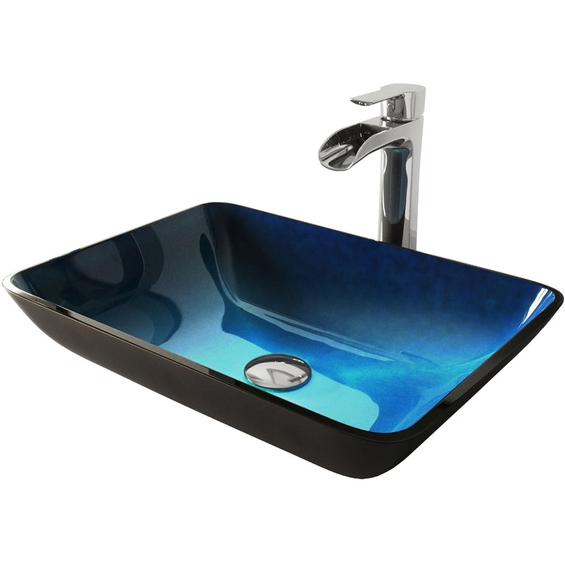 VIGO Glass Turquoise Water Bathroom Sink/Basin Set with Niko Faucet and Rectangular Vessel D2