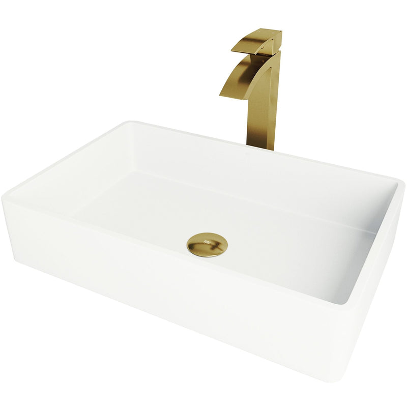VIGO Magnolia MatteStone White Bathroom Sink/Basin Set with Matte Gold Duris Faucet and Rectangular Composite Vessel Q5
