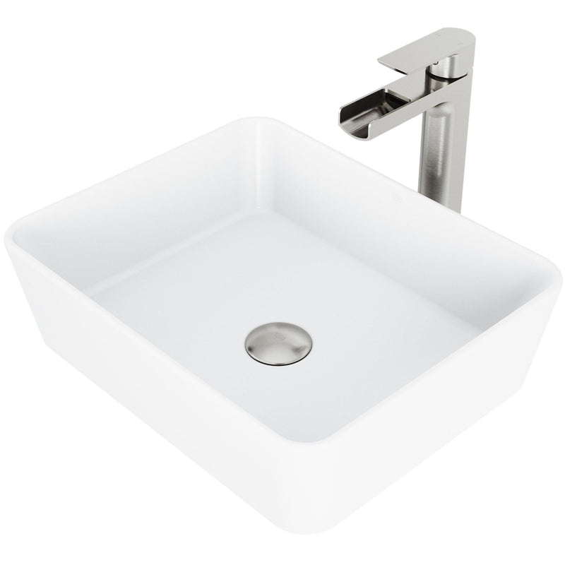 VIGO Marigold MatteStone Matte White Bathroom Sink/Basin Set with Amada Faucet and Rectangular Composite Vessel Y3