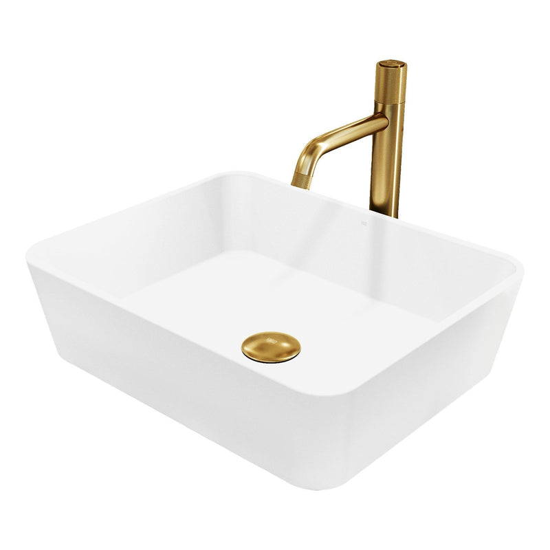 VIGO Marigold MatteStone Matte White Bathroom Sink/Basin Set with Apollo Faucet and Rectangular Composite Vessel V4