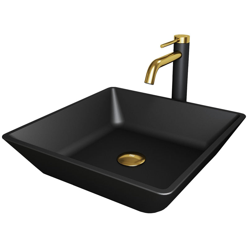 VIGO Roma MatteShell Matte Black Bathroom Sink/Basin Set with Lexington Faucet and Glass Square Vessel O5