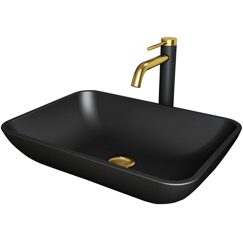 VIGO Sottile MatteShell Matte Black Bathroom Sink/Basin Set with Lexington Faucet and Glass Rectangular Vessel F6