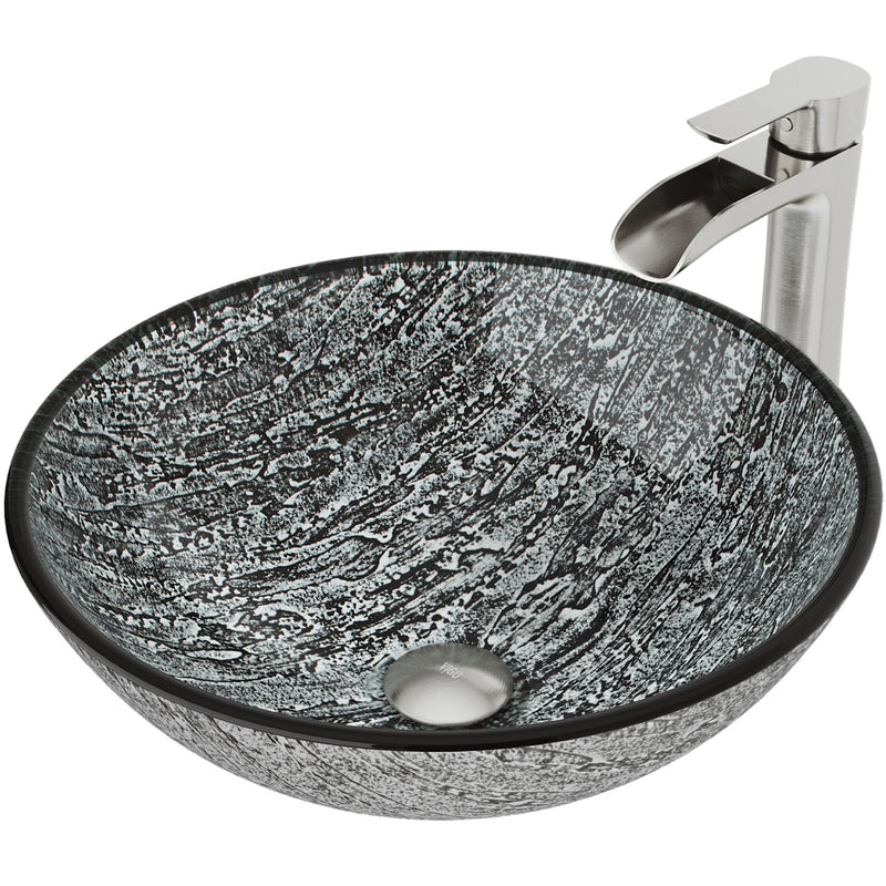VIGO Titanium Glass Slate Grey Bathroom Sink/Basin Set with Niko Faucet and Round Vessel I0
