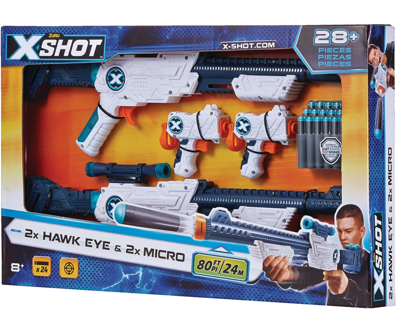 ZURU X-Shot Double Hawk Eye & Micro Foam Dart Blaster Combo Pack with 24 Darts, Ages 8+ W6